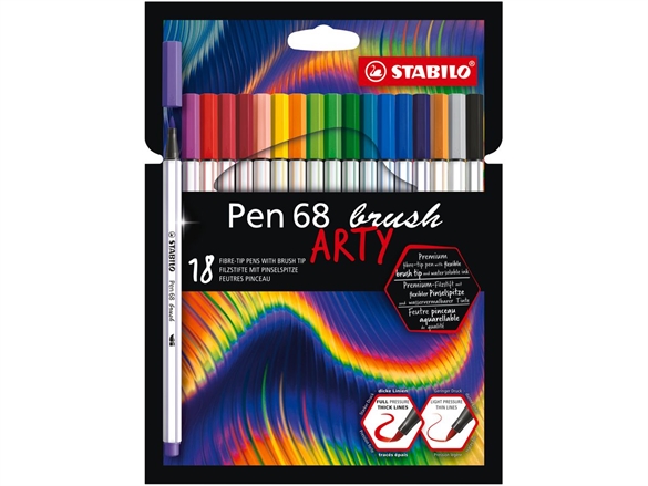 Bte en métal de 18 stylos fibres STABILO - PEN 68 Brush Arty