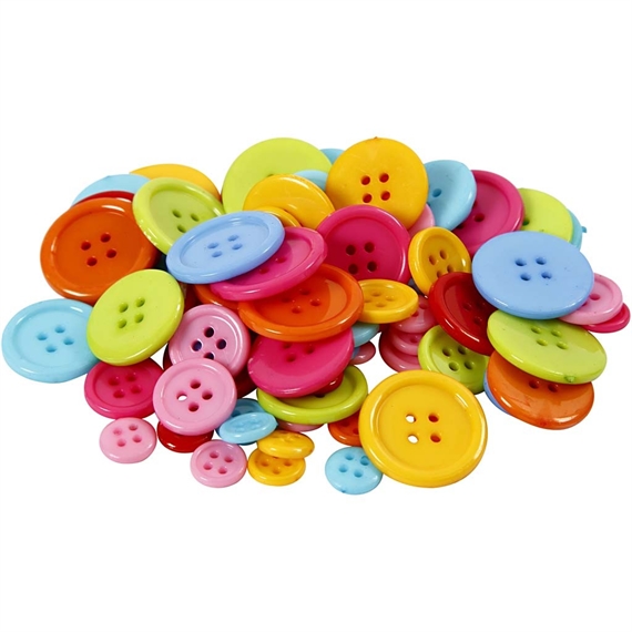 Pack de 500gr. boutons en plastique plats ronds à 4 trous - 8 couleurs