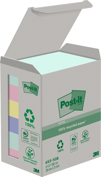 POST-IT Bloc-notes Recycling 38x51mm 653-1GB arc en ciel 6x100 feuilles