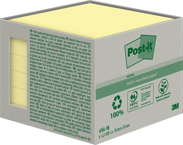 POST-IT Bloc-notes Recycling 76x76mm 654-1B jaune 6x100 feuilles