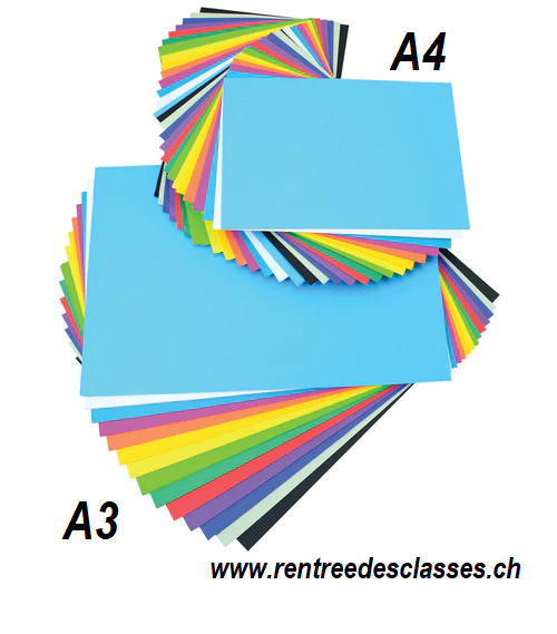 Pack scolaire de 125 flles A3 et 250 flles A4 papier à dessin 17 couleurs assorties 125g/m2